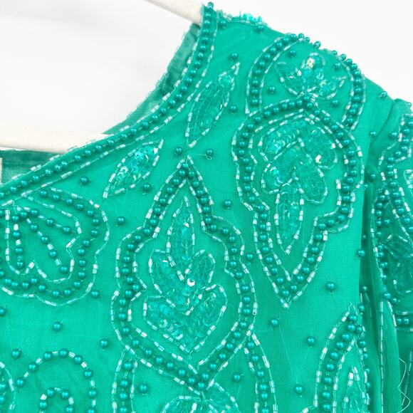 Mark &‎ John Womens VTG Vintage 100% Silk Beaded Sequin Cocktail Dress M Green - Picture 4 of 11